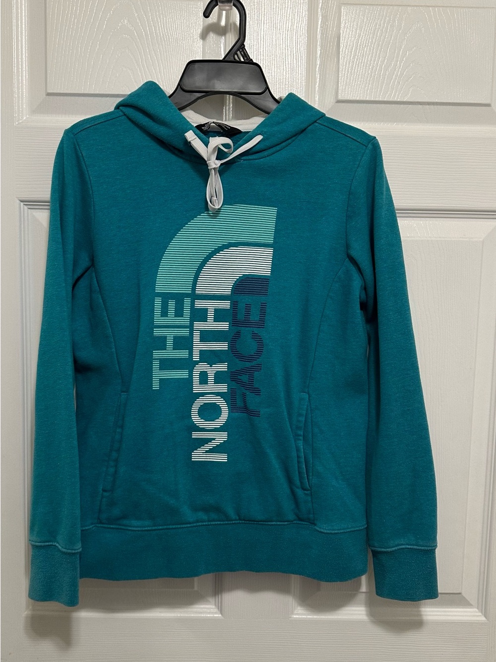The North Face Pullover Hoodie Women Medium M Teal Blue Big Logo Sweatshirt